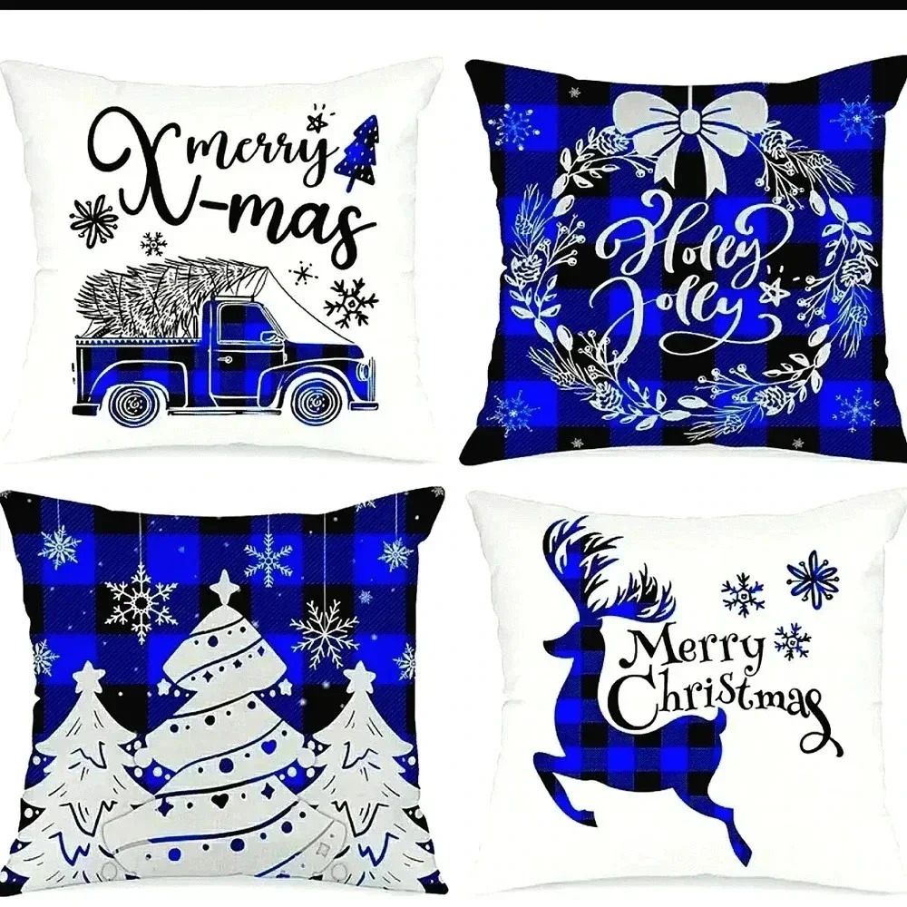 Christmas Set Of 4 Blue Farmhouse Buffalo Plaid Holiday Toss Pillow Covers